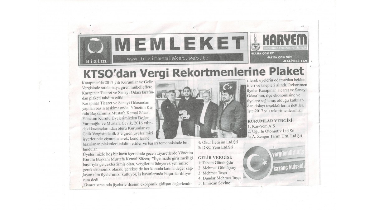 KTSO'dan vergi rekortmenlerine plaket